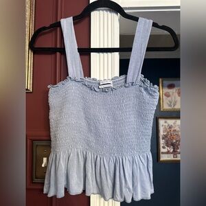 Urban Outfitters Babydoll Top Soft Blue Chambray Jersey Stretch Smocked Peplum L